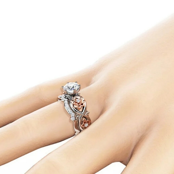 NEW Bridal Set 2-Pc Rose Gold White Gold Floral Ring - Picture 1 of 6